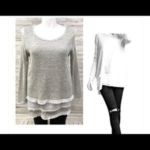 Easel Layered Multi Fabric Raw Edge Gray Sweater L